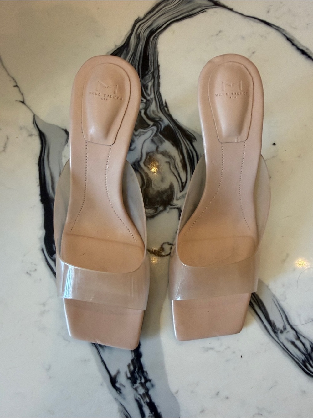 Marc Fisher Blush Nude Slide Mules with Clear Strap